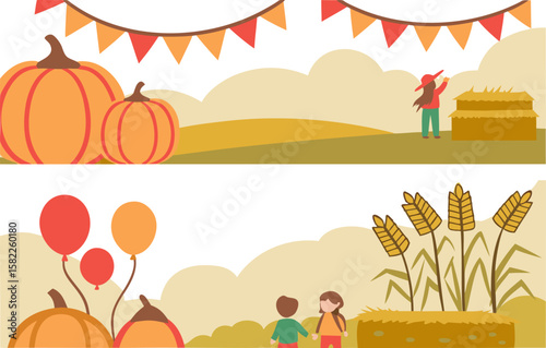 Two autumn scenes with pumpkins, balloons, wheat, and people enjoying the harvest season landscape view