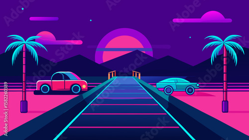 Tropical beach with palm trees at night, red blurred car street motion