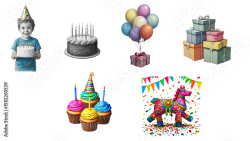 Birthday Party PNG Illustration Set – Balloons, Cake, Gifts, Cupcakes, Piñata & Party Elements