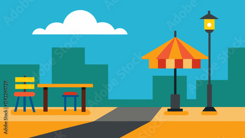 A cartoon illustration of a summer city street scene with a road leading to buildings, a street cafe, and a tree under a blue sky with clouds