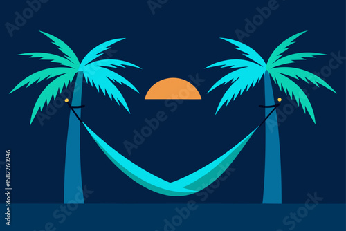 Tropical island paradise with palm tree silhouettes on a summer beach at sunset