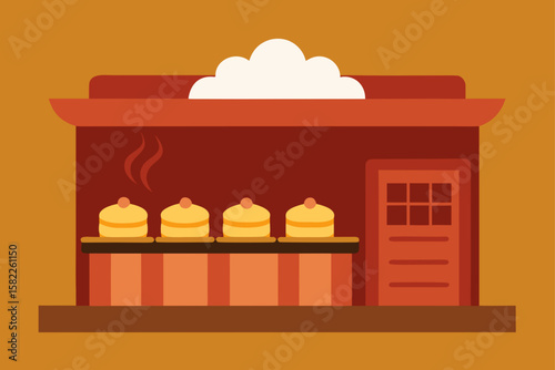 A cartoon vector illustration of a cozy coffee shop interior with a window, shelves, and wooden furniture, perfect for a business facade design