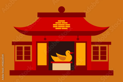 Vector illustration of an ancient Asian temple, showcasing traditional Chinese, Japanese, and Korean architecture with pagodas and garden pavilions under a clear sky