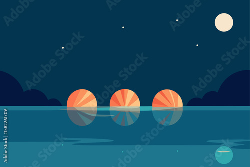 Moonlit night landscape over the tropical sea with stars in the sky and soft waves on the beach