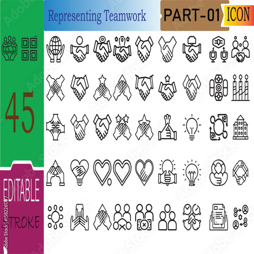 A vector icon set for representing teamwork, web and mobile design, featuring business symbols and hand-drawn art,