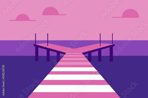 Sunset casts a warm glow over the wooden pier stretching into the calm sea, a serene coastal landscape