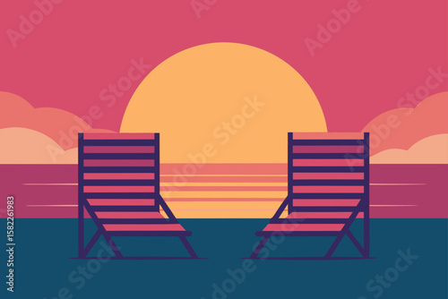 Empty wooden chairs sit facing the serene ocean at sunset, inviting relaxation