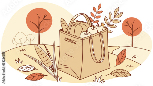 Fall harvest scene featuring a tote bag filled with pumpkins apples and autumn foliage in a landscape