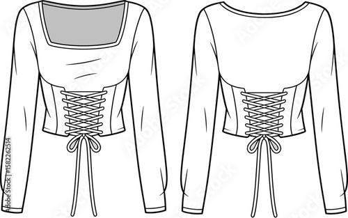 Corset lace up long sleeve blouse, front and back technical fashion flat sketch, vector template design, stylish women top illustration