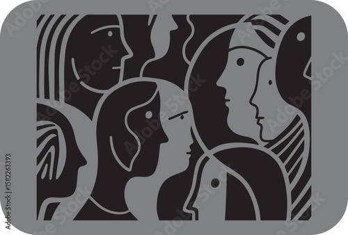 A diverse group of stylized human faces and profiles in black and gray suggesting community connection and different perspectives within a collective
