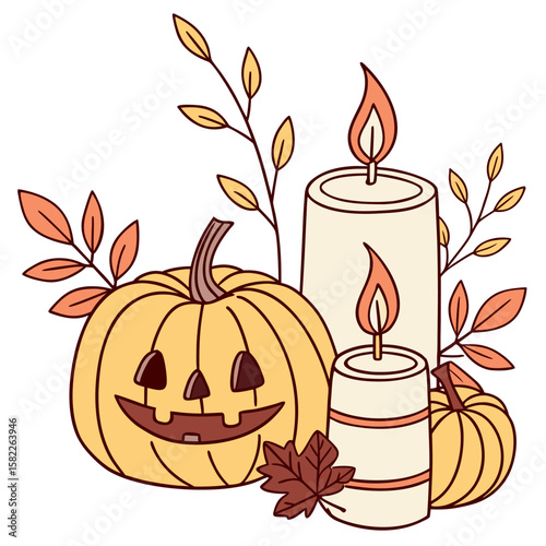 Illustration of a jack o lantern pumpkin with candles and autumn leaves for halloween decoration concept
