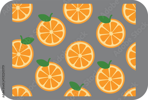 A vibrant and cheerful flat design pattern featuring bright orange citrus fruit slices with green leaves scattered across a solid gray background evoking a fresh and healthy summer vibe