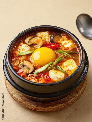 Korean Soft Tofu Stew (Sundubu-jjigae) with Egg in Earthenware Bowl