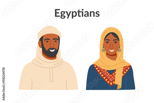 Egyptians ethnicity people isolated on a white background. Man and woman cliparts. Vector flat illustration.