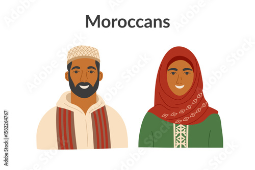 Moroccans ethnicity people isolated on a white background. Man and woman cliparts. Vector flat illustration.