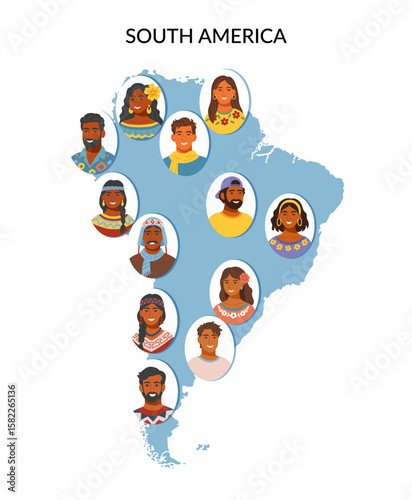 Set of South America ethnicities people cliparts. Portraits of men and women of different nationalities and territory of South America. Concept of equality, diversity, inclusion. Vector illustration.