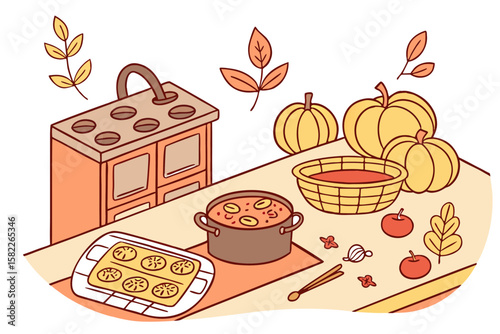 Still life of autumn harvest with pumpkins, oven, stew, apples and leaves on a table in warm tones