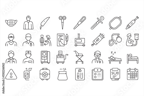 Set of Medical Health Icons Featuring Hospital, Care Tools, and Professionals