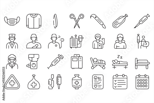 Medical Equipment, Healthcare Personnel, and Patient Care Icons Set