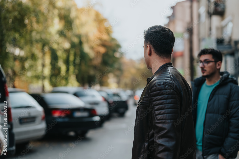 Two friends walking through a bustling city street surrounded by parked cars and greenery. Two friends walking through a bustling city street surrounded by parked cars and greenery.