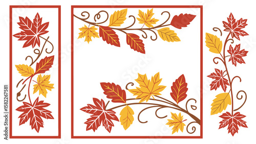 Illustration of three panels featuring stylized maple leaves and vines with a red border design