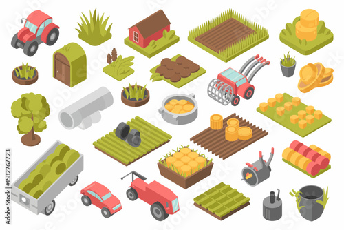 Isometric illustration featuring a collection of agricultural elements including tractors, hay bales, fields, and farm equipment.