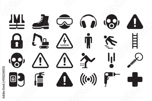 A collection of construction safety icons, including hazard warnings, fall prevention, protective equipment, first aid, fire extinguishers, and emergency protocols for workplace safety