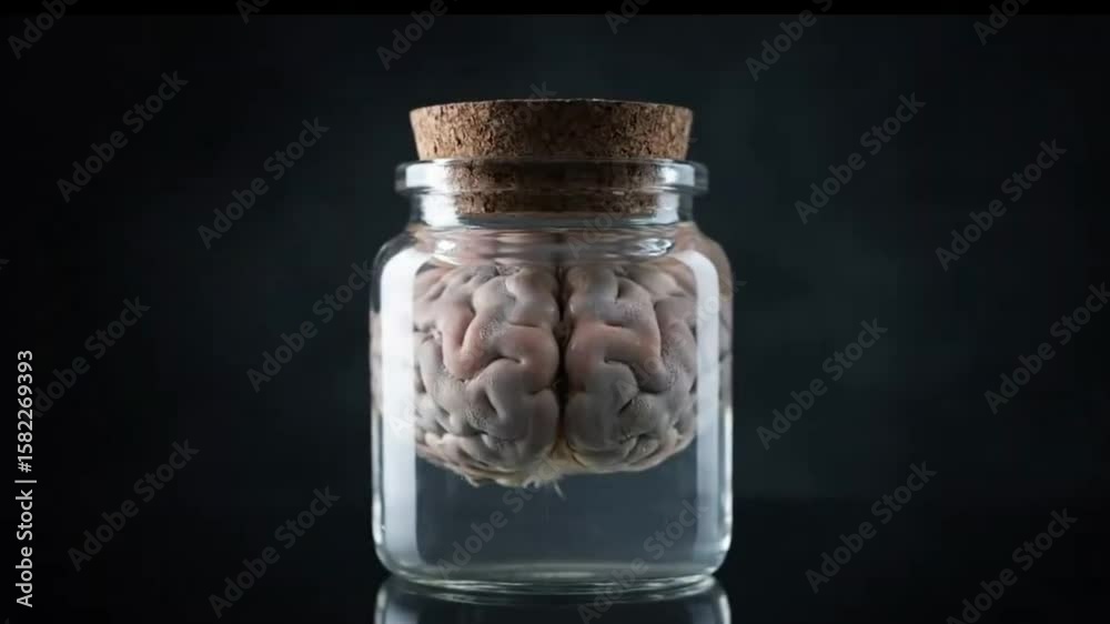 Brain specimen in glass jar with cork stopper against a black backdrop