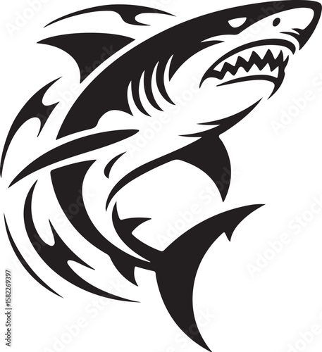 Ferocious Shark Tribal Tattoo Vector Illustration with Sharp Teeth and Fins