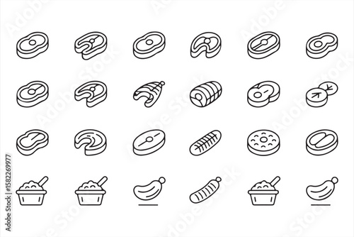 Set of Detailed Line Icons Representing Meat Cuts for Food Design