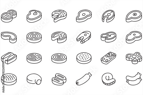 Food Industry Line Icons Featuring Meat Cuts, Sausages, and Steaks for Design