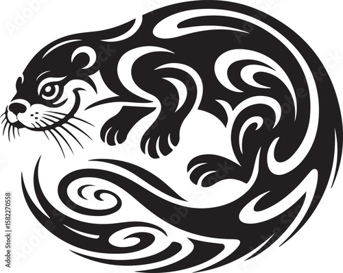 Playful Otter Curled Up in a Circle Tribal Vector Illustration Art