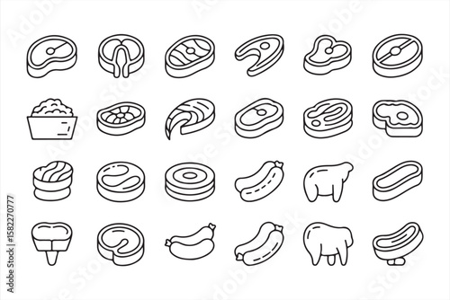 Simple Line Icons of Meat Cuts, Sausages, and Food Items for Culinary Branding
