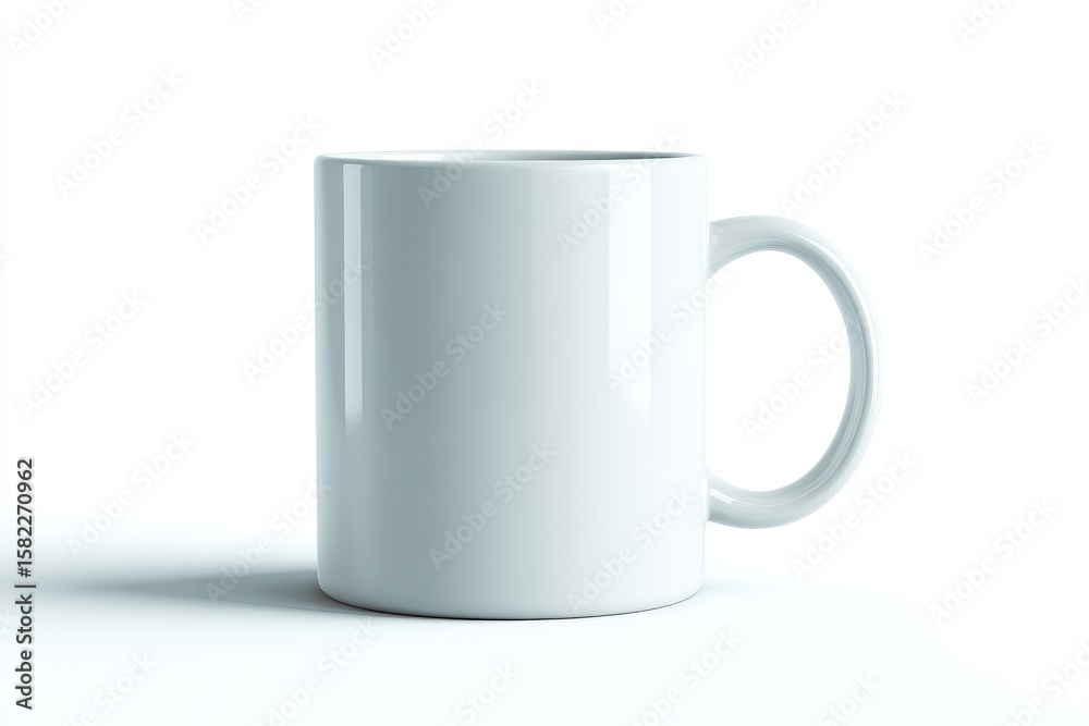 Fototapeta premium A plain white ceramic mug with a C-shaped handle, sitting on a white background, casting a subtle shadow (1)