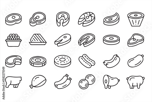 Detailed Line Art Icons Representing Meat Cuts, Sausages, and Steaks