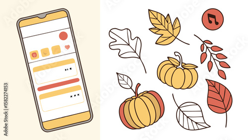 Illustration of a smartphone displaying an app interface with autumn leaves and pumpkins on the side art