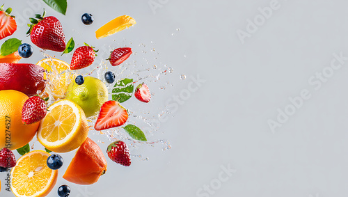 Refreshing mix of fresh fruits exploding with water splash and healthy lifestyle concept