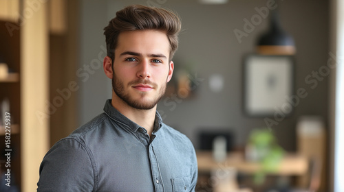 A confident man with short hair wearing grey shirt standing in modern office, natural light, blurred background. Business portrait of a professional male in casual outfit looking at camera