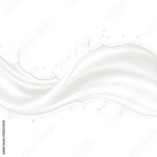 Realistic white milk splash flowing yogurt cream isolated on white  background. 3d realistic yogurt wave border.