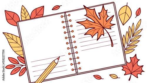 Open notebook with lined pages and a pencil surrounded by colorful autumn leaves illustration style