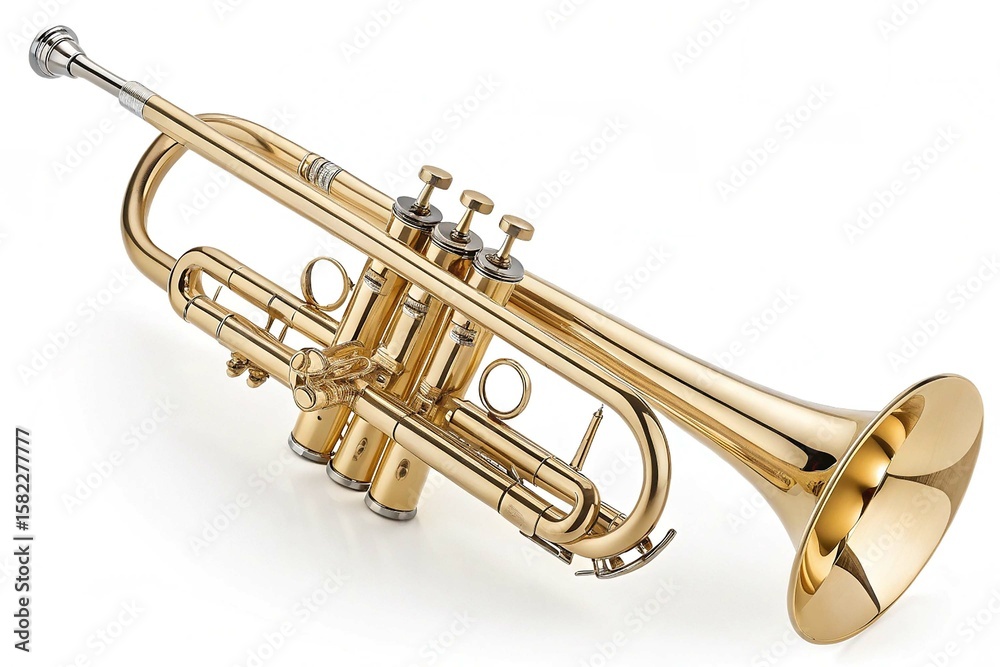 Obraz premium High-quality stock photo of a golden trumpet isolated on a transparent background. showing intricate details and craftsmanship of the musical instrument on white background
