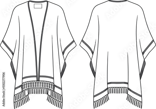kimono cardigan, boho fringe cover up, fashion flat sketch, vector template, women poncho, technical drawing, stylish apparel design