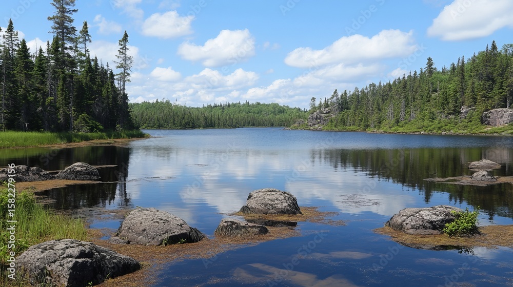 Fototapeta premium Serene lake nestled amidst lush greenery, reflecting a vibrant sky. Rocks dot the calm waters