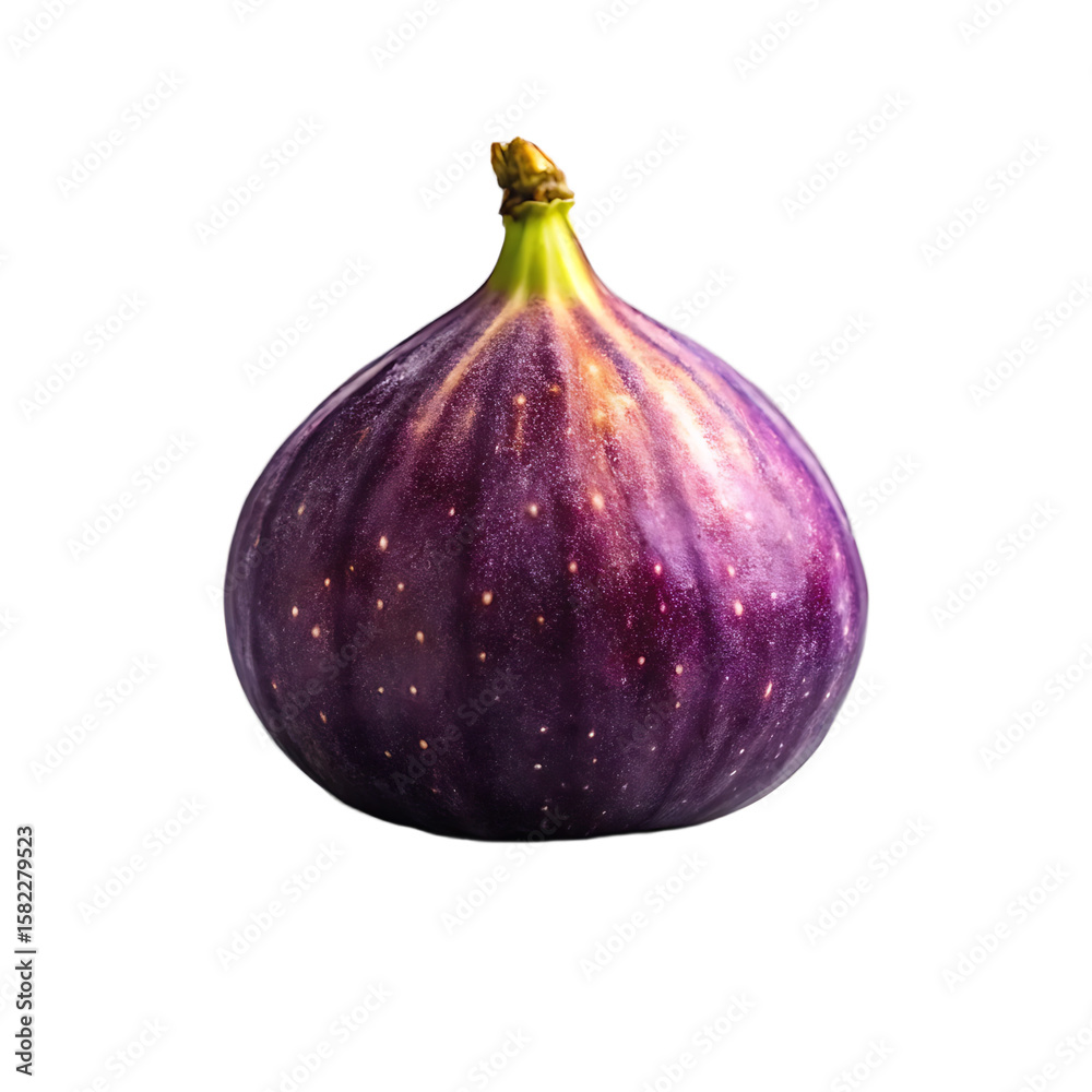 Fototapeta premium A single ripe purple fig with a green stem sits on a textured stone pedestal isolated on transparent background