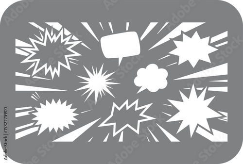 A dynamic graphic design featuring multiple white comic book style explosion bursts and speech bubbles against a solid gray background with rounded corners conveying action and communication
