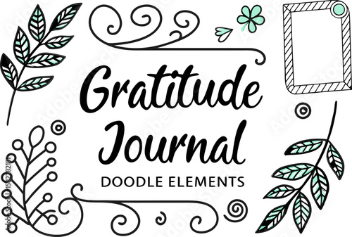 Gratitude journal doodle elements with floral accents and decorative swirls and a rectangular frame design