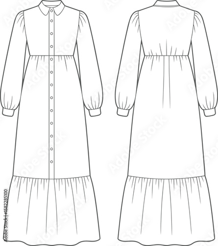 long sleeve maxi dress, women shirt dress technical sketch, fashion flat drawing, vector template, trendy design, sewing pattern