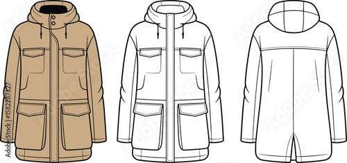 Men winter parka jacket, technical flat sketch, front and back view, fashion CAD drawing, outerwear design, vector template