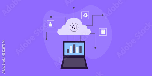 AI cloud infrastructure syncs with laptop device to deliver adaptive analytics on screen.