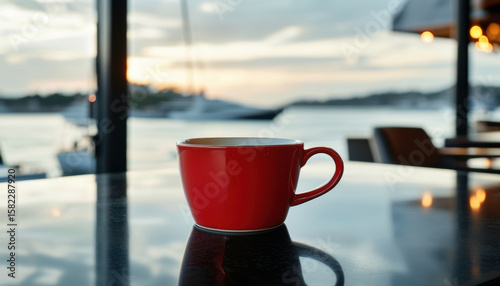 Red ceramic coffee cup on table overlooking scenic waterfront at sunset with copy space